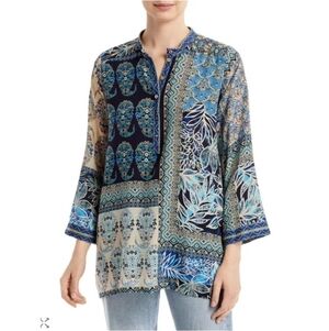 JOHNNY WAS Carly Jessa Silk Tunic Top Blue White Tan Women’s Size Medium